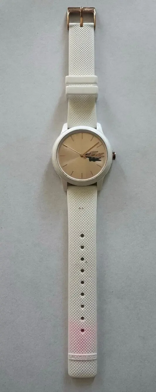 Lacoste 12.12 White Silicone Band 36mm Rose Gold Tone Watch Water Resistant